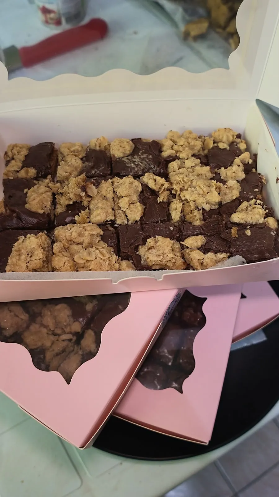 Oat revel bars from above in a pink box